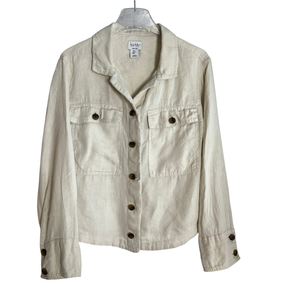 100% Linen Button Up Ivory Jacket Nicole Miller NY L Utility Coastal Classic